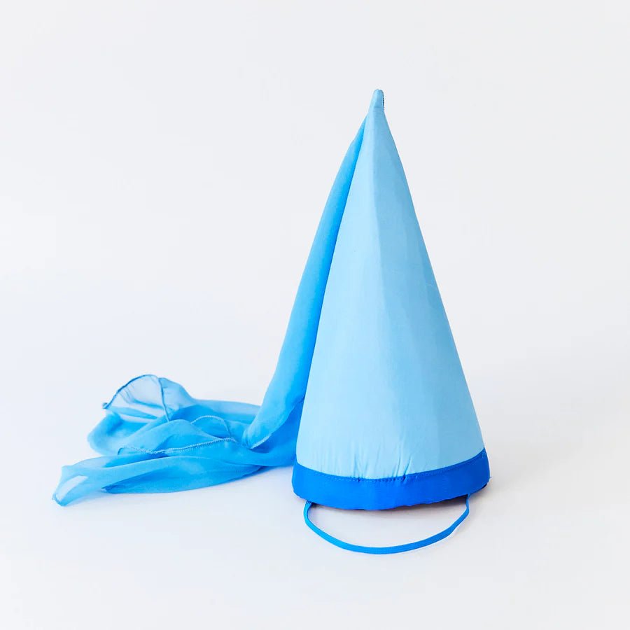 Blue pointed princess hat with a silk veil on a white background