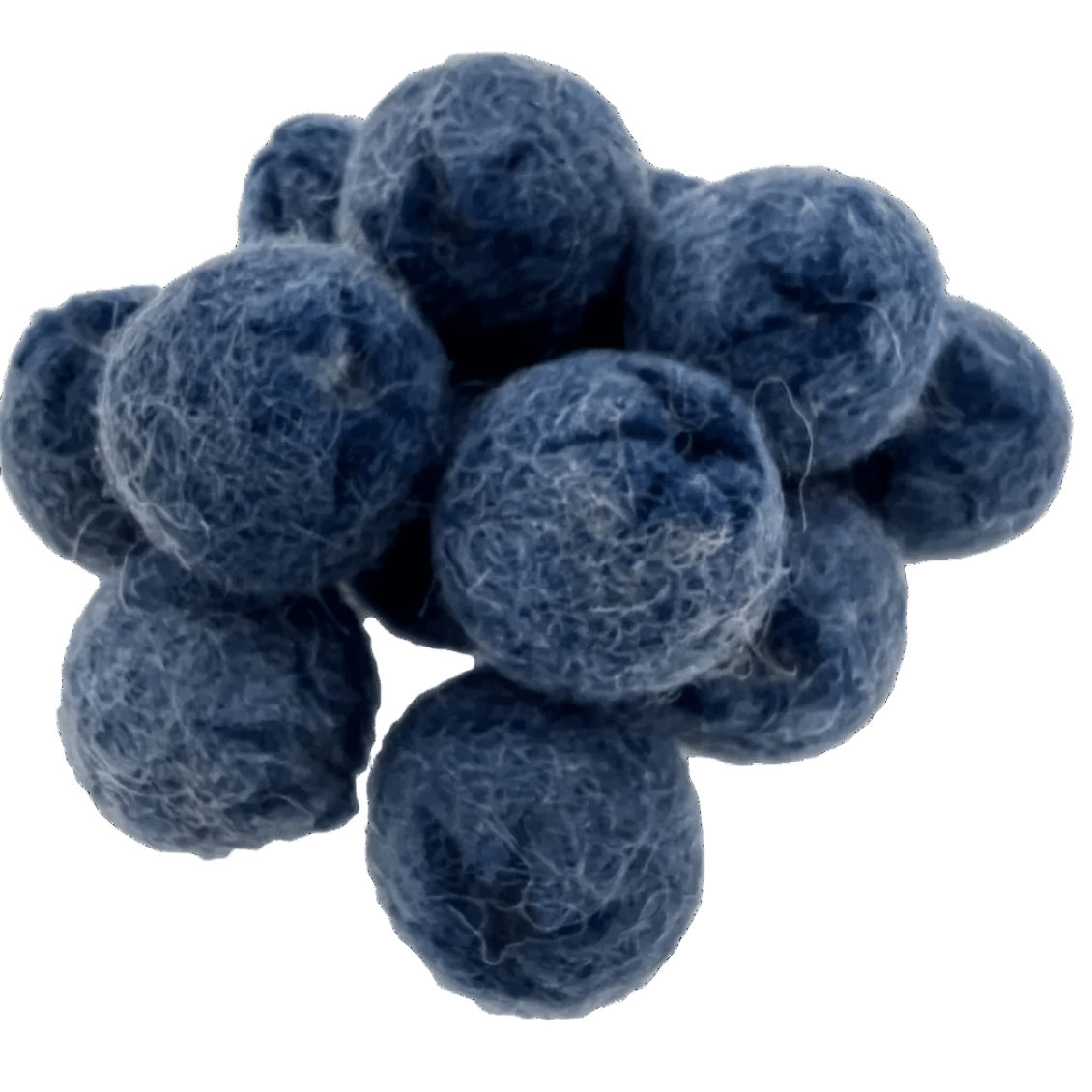 Pile of felted blueberries on a white background