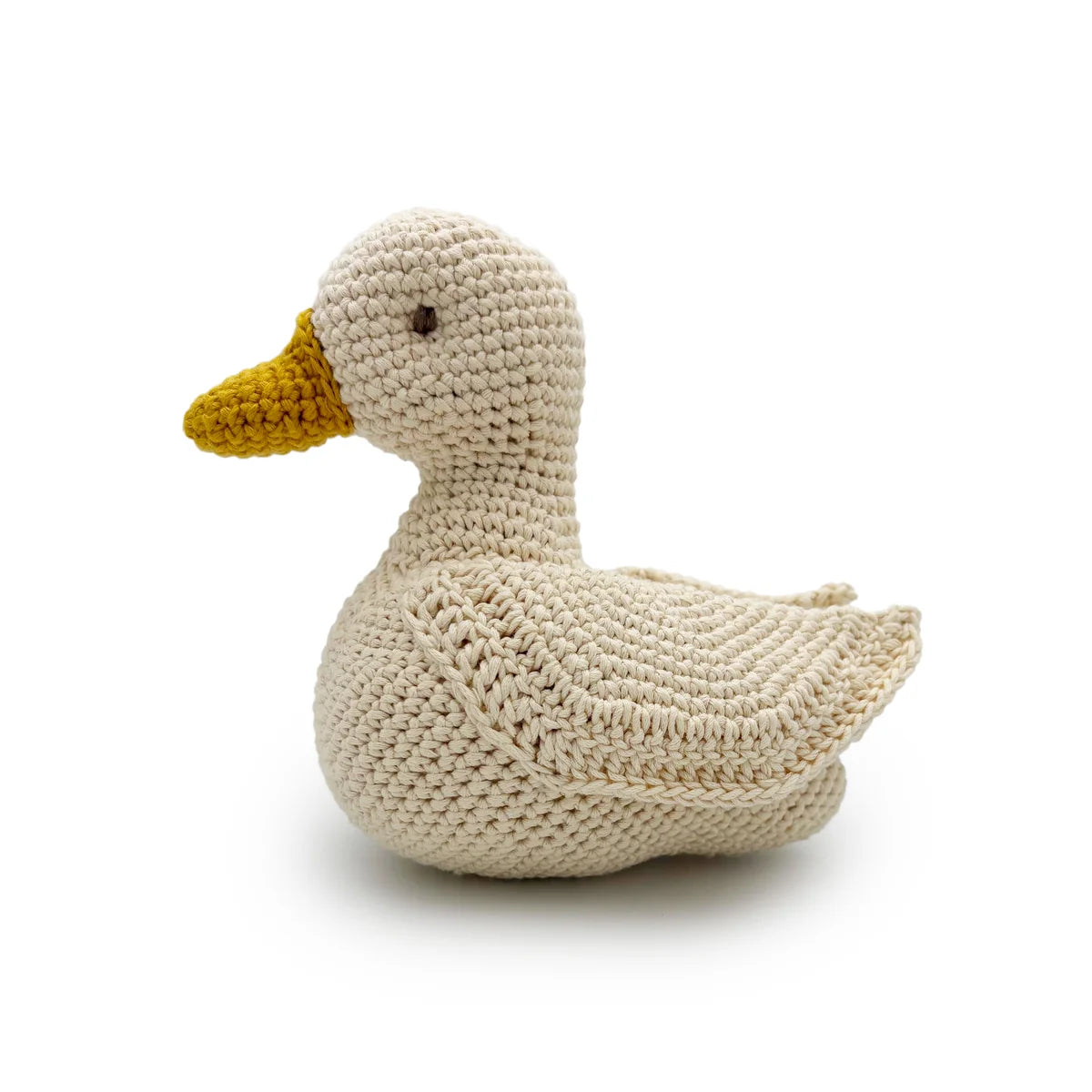 Crocheted duck toy on a white background