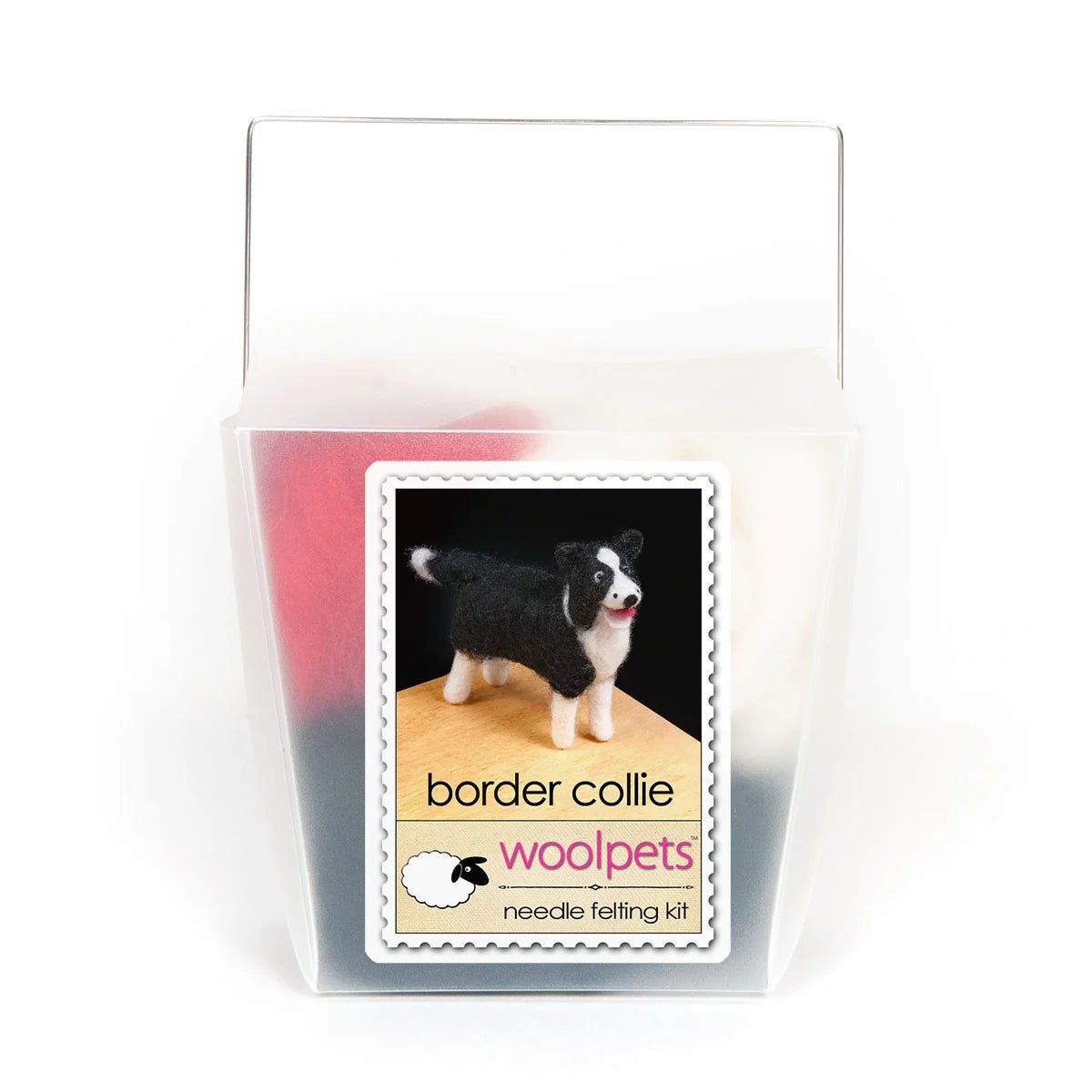 Frosted plastic box with materials to make a needle felted border collie with woolpets branding on a white background