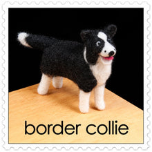 Felted border collie on a wooden surface against a black background