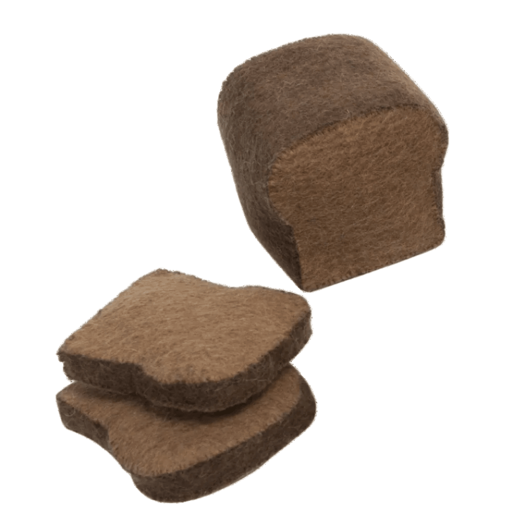 Felted bread loaf and 2 slices on a white background