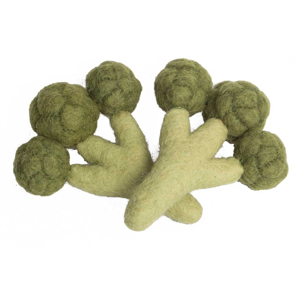 2 felted broccoli florets on a white background