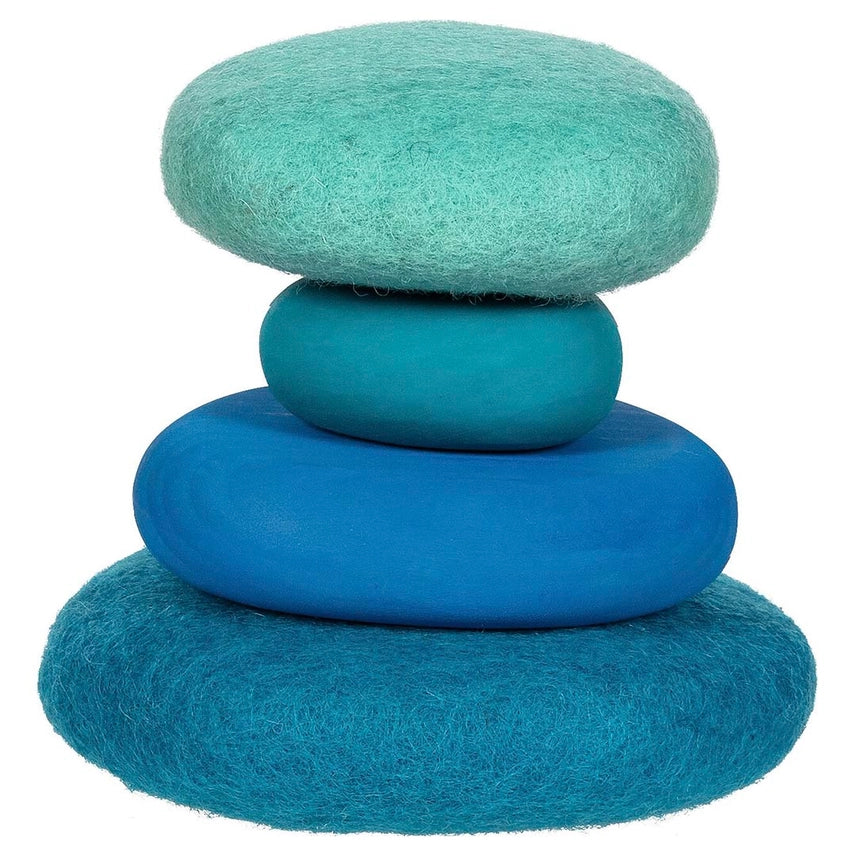 4 blue felt stones stacked on top of each other against a white background