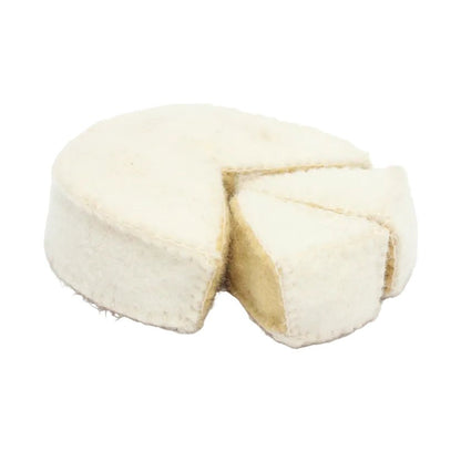 Felt wheel of camembert and 2 wedges on a white background