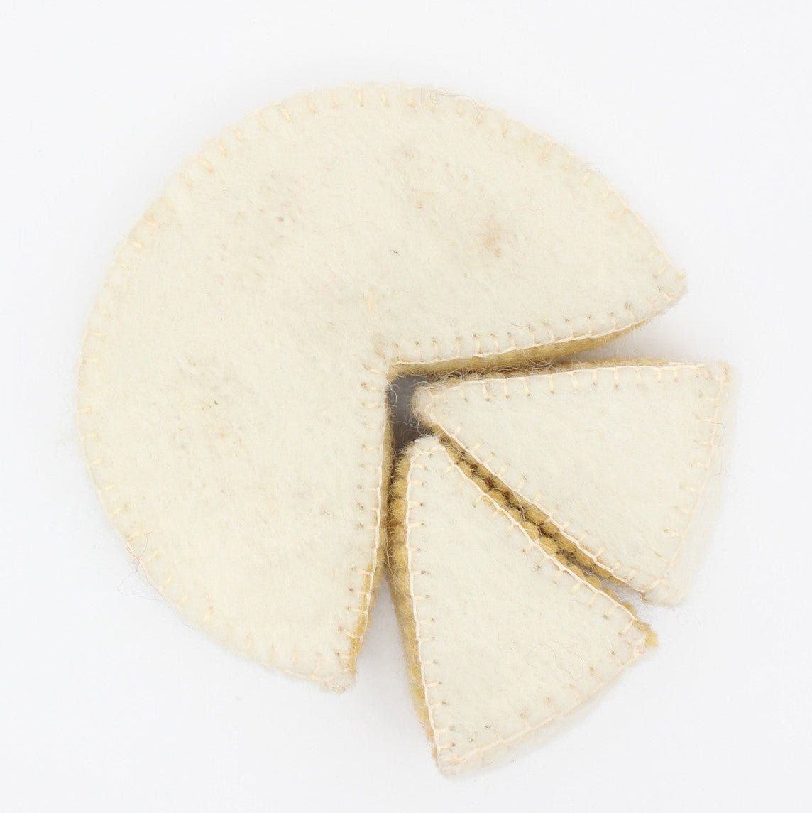 Topdown view of felt camembert cheese and two wedges on a white background