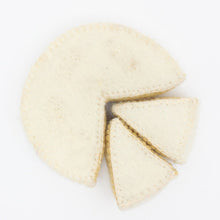 Topdown view of felt camembert cheese and two wedges on a white background