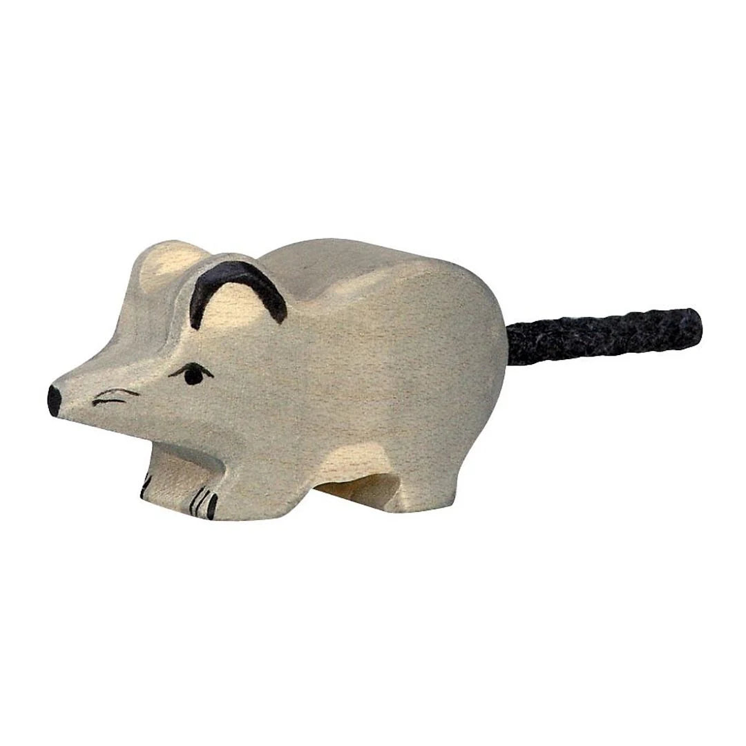 Wooden toy mouse with black nose and tail on a white background