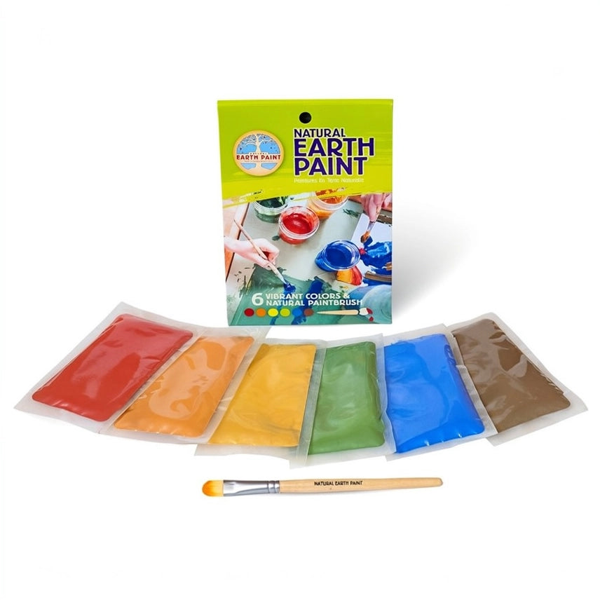 Package for Natural Earth Paint paint kit with 6 differently colored pouches of powdered pigment and a bamboo paint brush on a white background