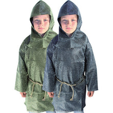 Two children wearing gold and silver chain mail hoods, tunics, and sword holder on a white background