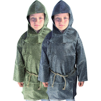 Two children wearing gold and silver chain mail hoods, tunics, and sword holder on a white background