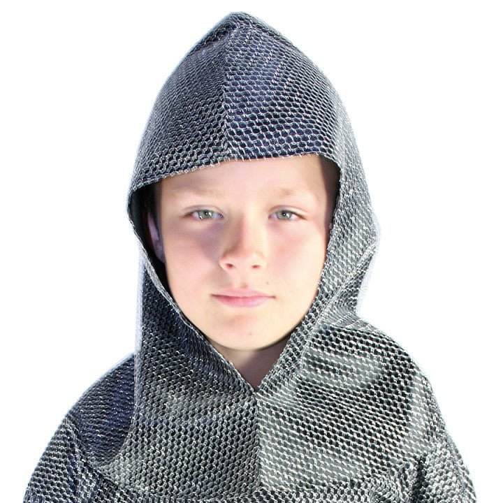 Child wearing a chainmail hood on a white background
