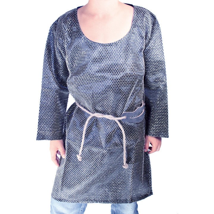 Person wearing long sleeved, polyester chain mail on a white background