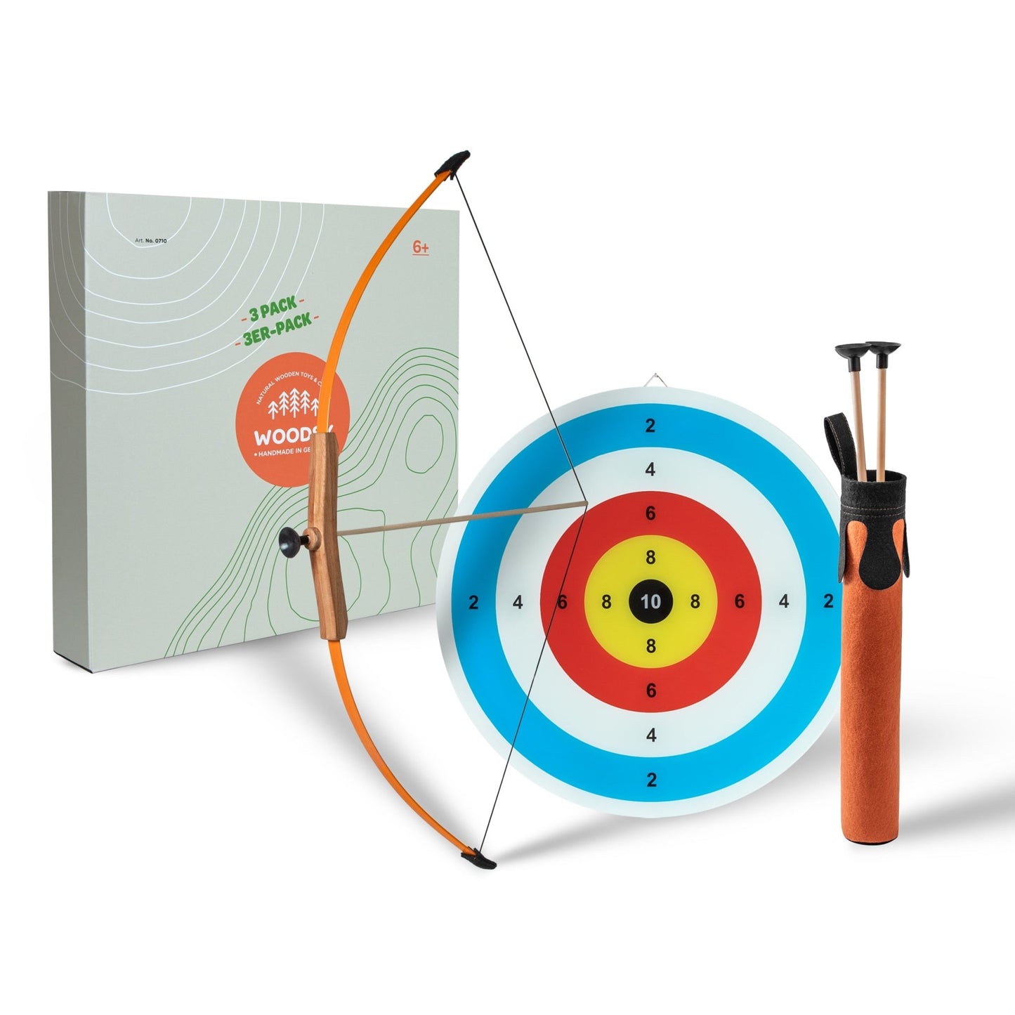 Children's Wooden Longbow, quiver, 3 Arrows. and Target - wood, natural, rubber Toy Weapons for open-ended play - Title: D...