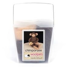 Frosted plastic box with materials to make a needle felted chimpanzee and woolpets branding on a white background