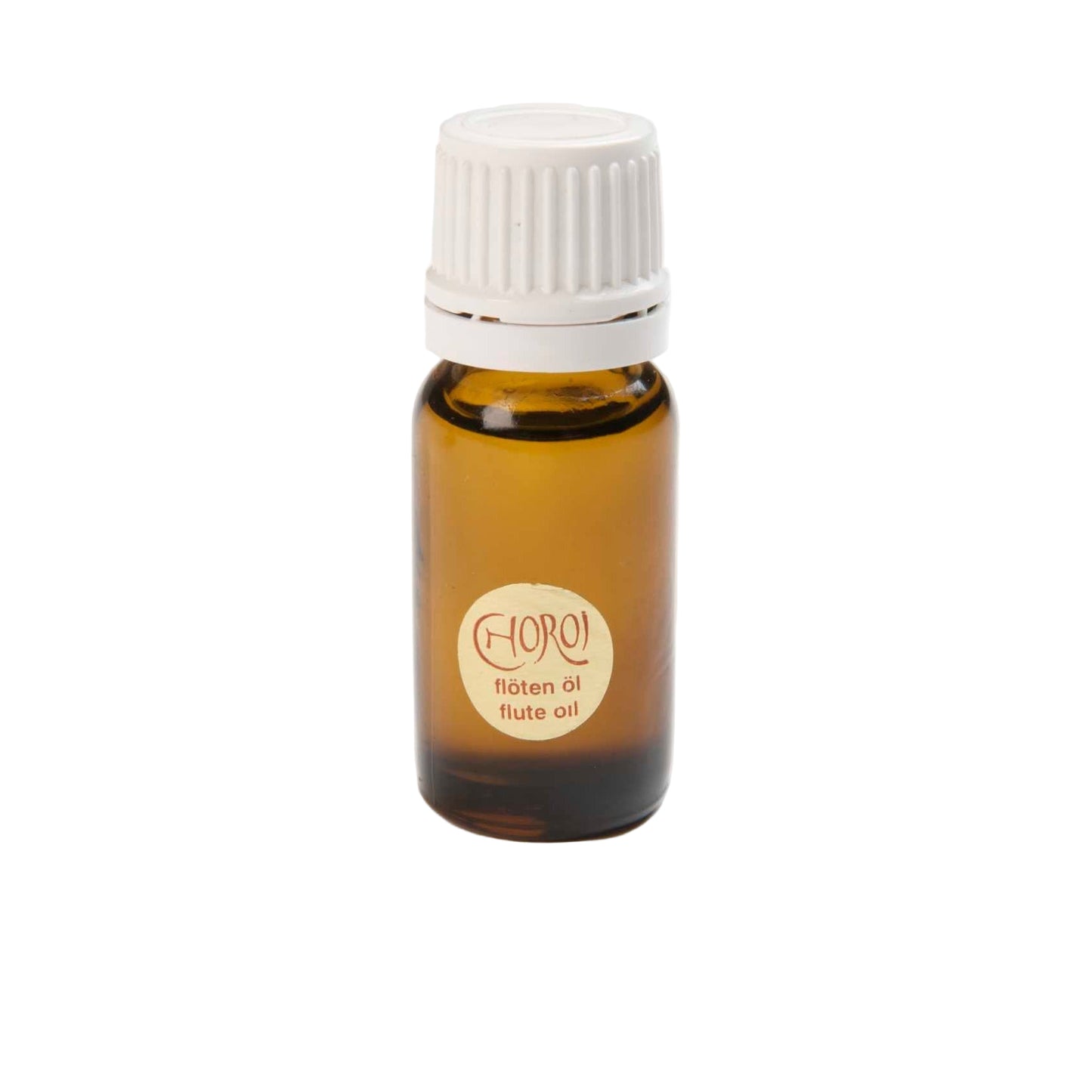 Small amber glass bottle of Choroi flute oil with a white cap on a light gray background