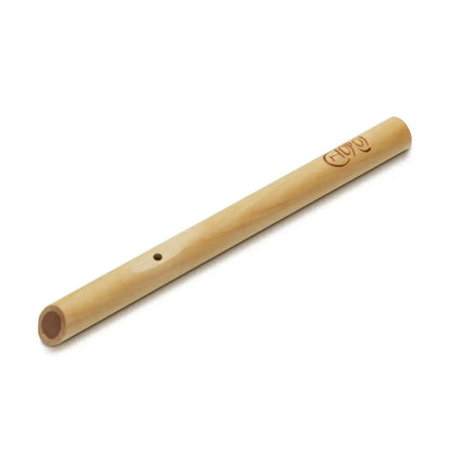 Underside of wooden flute on a white background