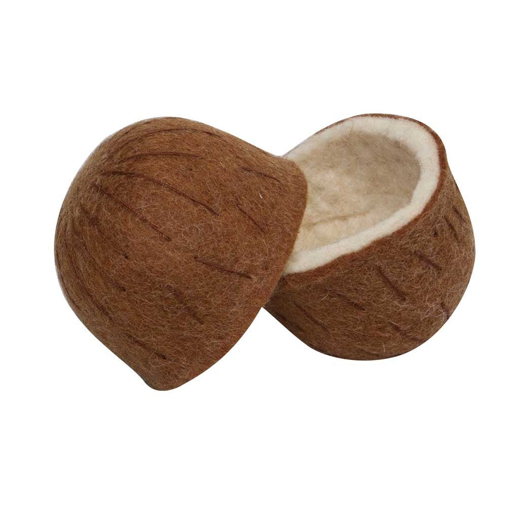 Two felted coconut halves on a white background