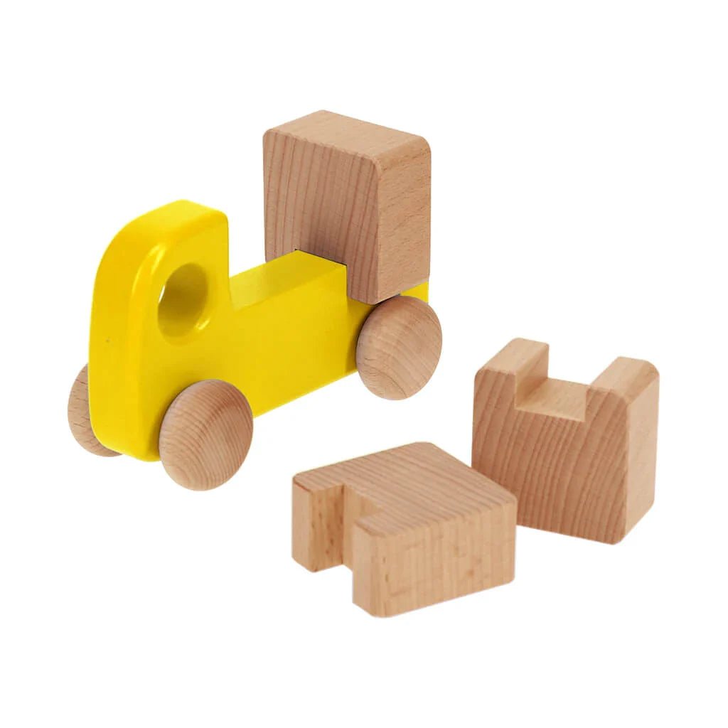 Wooden toy with a yellow track and brown blocks on a white background