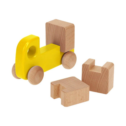 Wooden toy with a yellow track and brown blocks on a white background