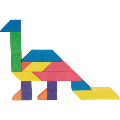 Colorful tangram puzzle shaped like a dinosaur on a white background