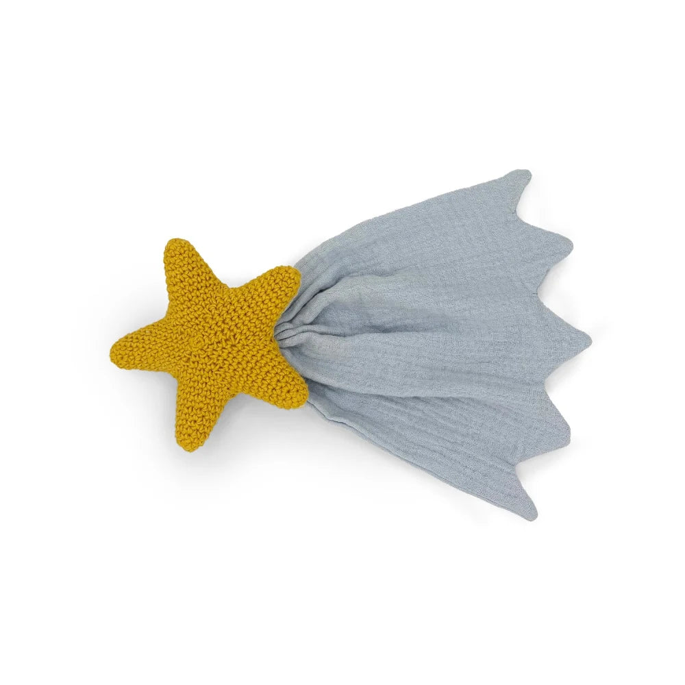 A baby teething toy featuring a textured yellow crocheted star attached to a soft, dusty blue gauze tail, shown on a plain white background.