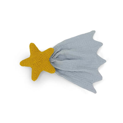 A baby teething toy featuring a textured yellow crocheted star attached to a soft, dusty blue gauze tail, shown on a plain white background.
