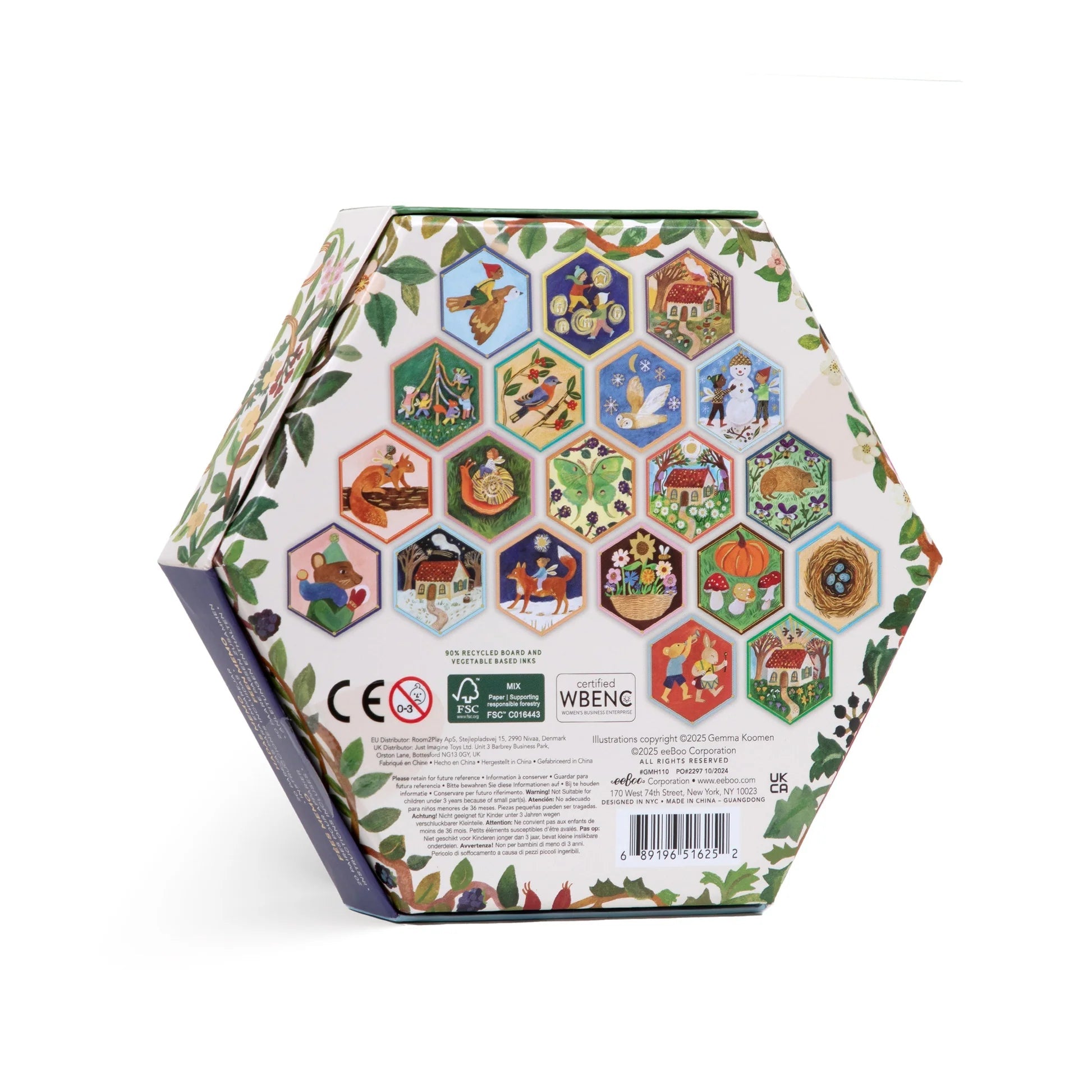 Hexagonal packaging with colorful hexagon-shaped images on a white background
