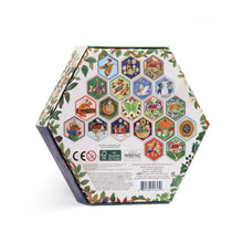 Hexagonal packaging with colorful hexagon-shaped images on a white background