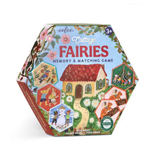 Hexagonal box of Cottage Fairies memory and matching game with colorful illustrations on a white background