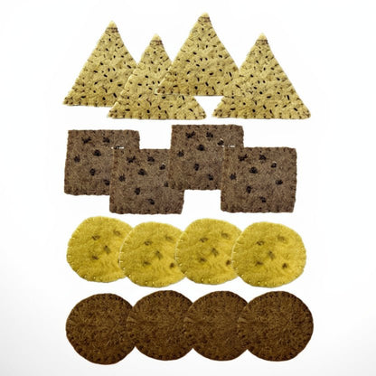 4 rows of felted crackers on a white background