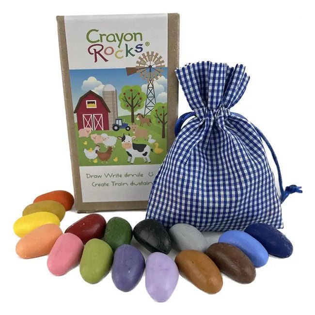 Crayon Rocks box surrounded by rock-shaped crayons and a blue gingham storage bag on a white background