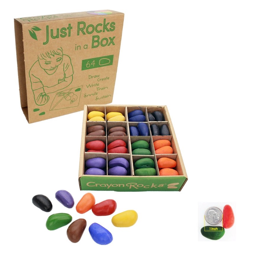 Crayon Rocks in a Box with colorful rocks and packaging on a white background