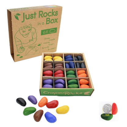 Crayon Rocks in a Box with colorful rocks and packaging on a white background