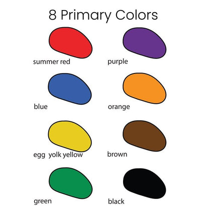 Illustration of eight primary colors with labels on a white background