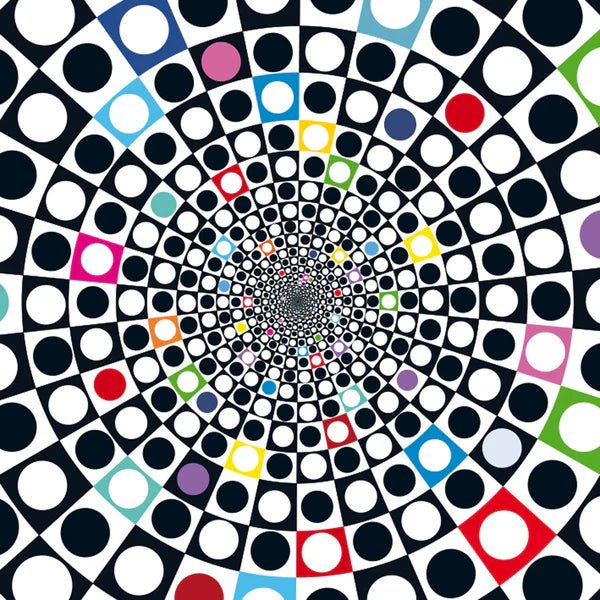 Colorful geometric pattern with circles and squares converging towards a central point.