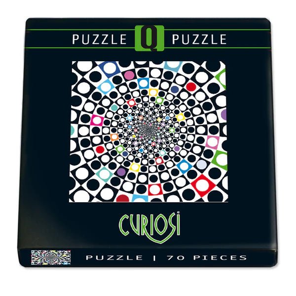 Curiosi puzzle packaging with colorful dot pattern