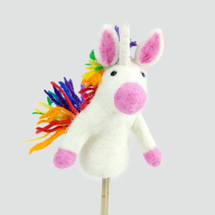 Unicorn finger puppet with rainbow hair on a white background