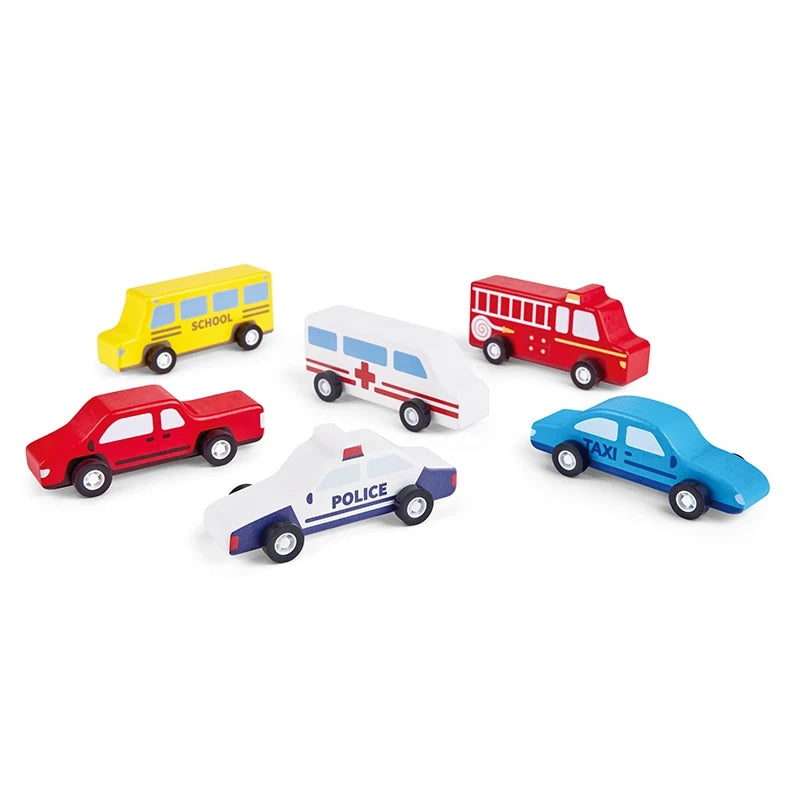Set of 6 wooden vehicles: school bus, car, police car, ambulance, fire engine, and taxi cab on a white background