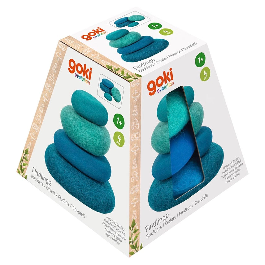 Goki Educational Boulders toy set in its original retail packaging, showing the white box with illustrations of the blue and green stacked boulders.
