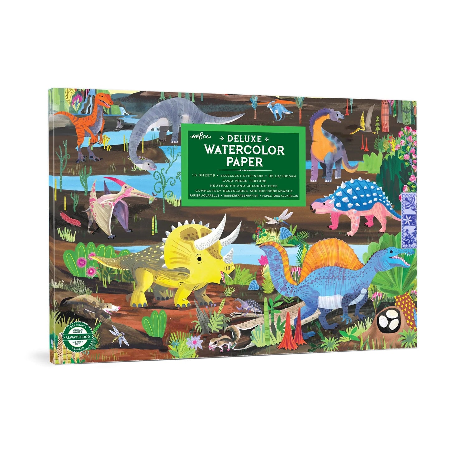 Deluxe watercolor paper set with dinosaur illustrations on a white background