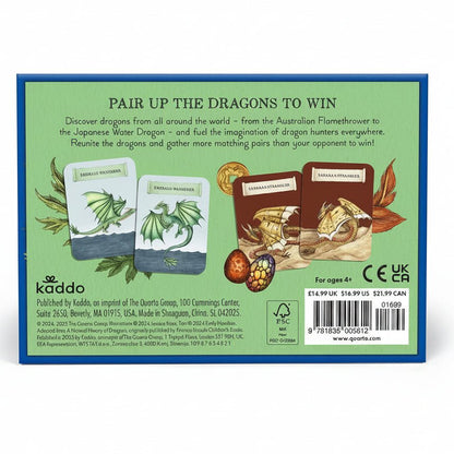 The back of a Kaddo board game box, featuring a light green background with a blue border. It displays the title 'PAIR UP THE DRAGONS TO WIN', product descriptions, illustrations of dragon-themed cards, and a barcode with pricing and age information.