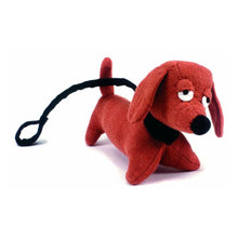 Brown dog stuffed animal with sleepy eyes on a leash