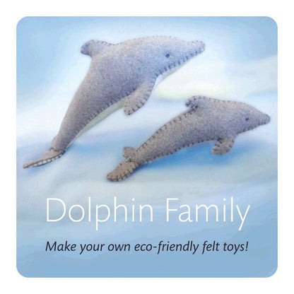 Two felt dolphins on a blue background with text promoting eco-friendly felt toys.