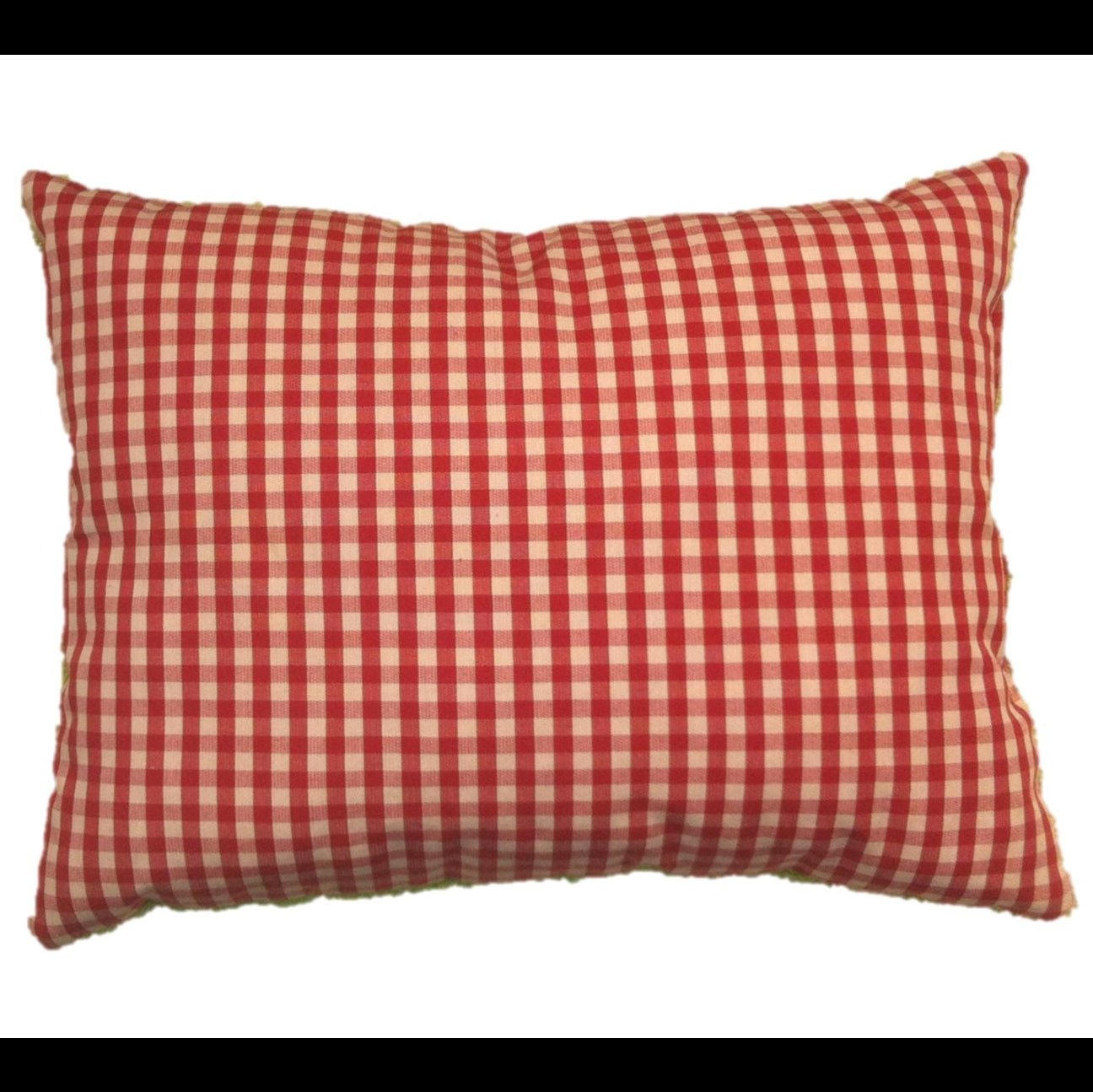 Red and white checkered pillow on a white background