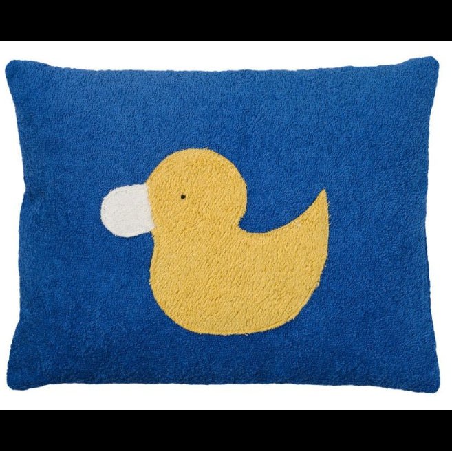 Blue pillow with a yellow duck design on a white background