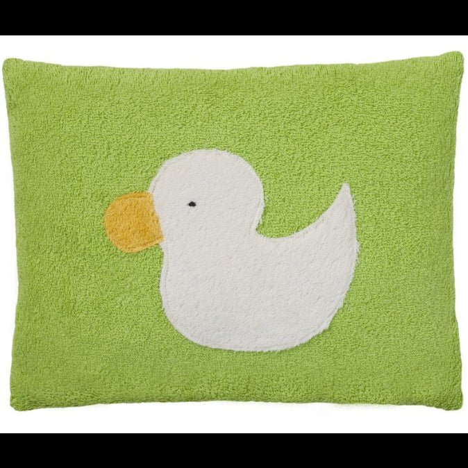 Green pillow with a white duck design on a white background