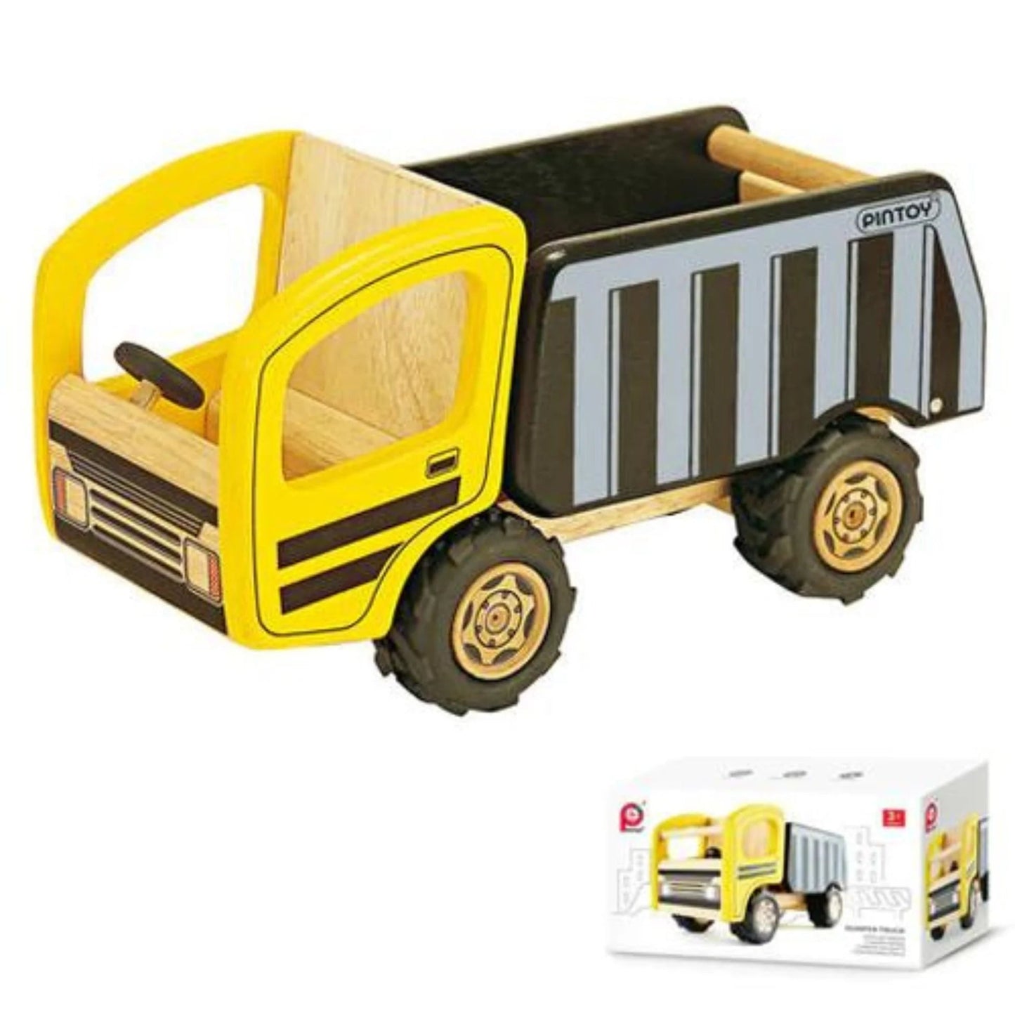 A wooden toy dump truck by Pintoy, featuring a bright yellow cab, natural wood interior, a black and gray striped cargo bed, and black wheels with gold-colored hubcaps. A small inset image in the bottom right corner shows the product's retail packaging box.