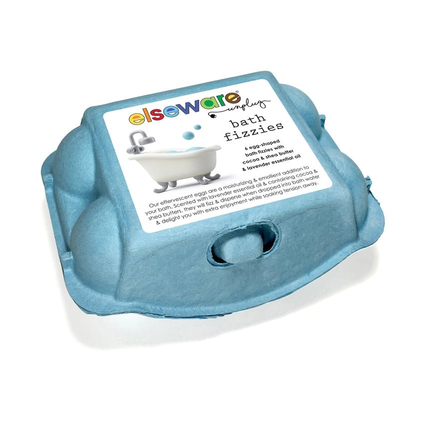 Blue packaging of elseware bath fizzies on a white background