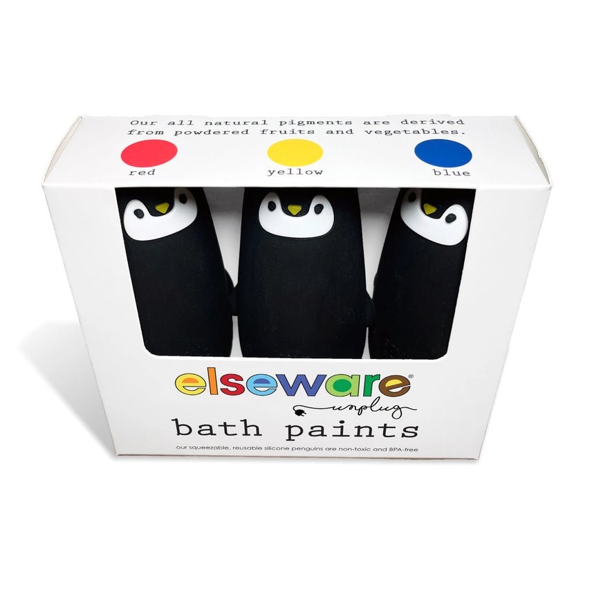 A boxed set of three Elseware Unplugged bath paints shaped like penguins, shown in its retail packaging against a white background.